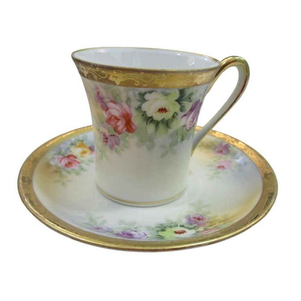 Rose Spray Gold Trim Antique Morimura Noritake Chocolate Demitasse Cup and Sauce